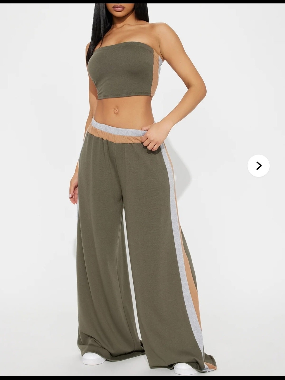Olive Wide-Leg Track Pants Set with Contrast Stripe
